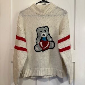 Cozy Vintage White and Red Striped Sweater with Bear Design